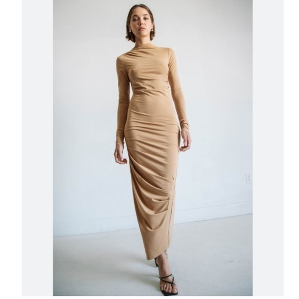 NWT The Line By K Dress Asher Ruched Maxi Long Sleeve in Camel Tan